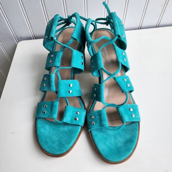 Charles David Leather Sandals Green Strappy Chunky Block Heel Shoe Sz 10 - Picture 2 of 9